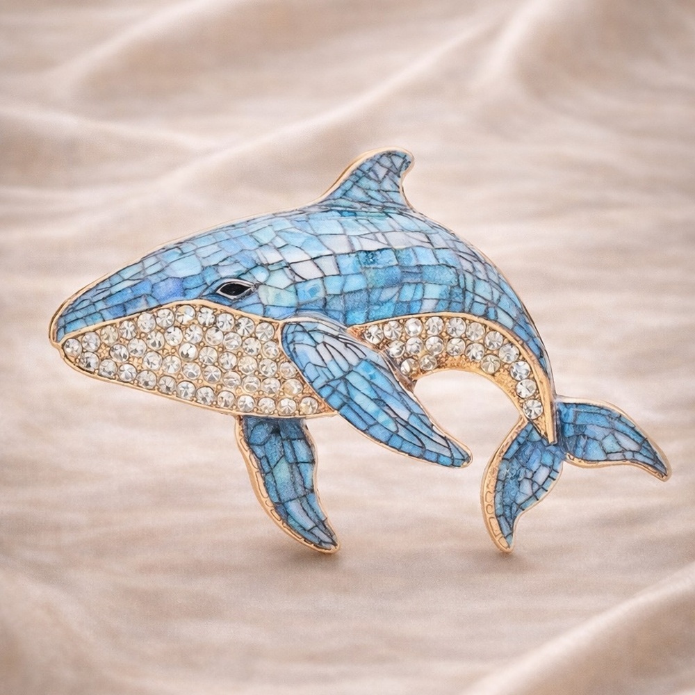 Blue Whale Gold Crystal Brooch